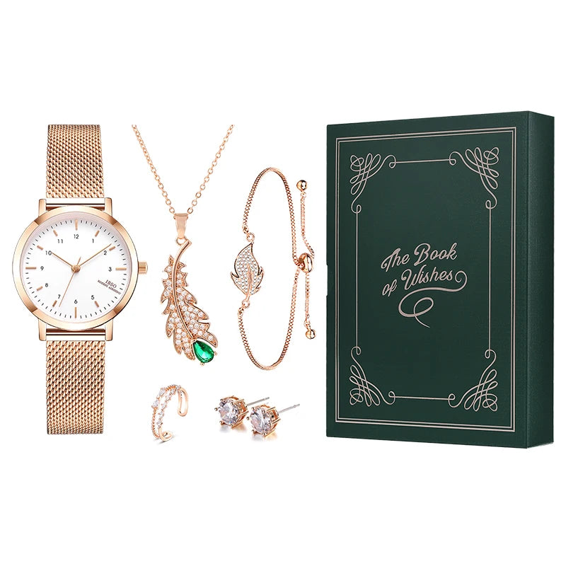 IBSO The Book Of Wishes Watch Set Gift For Women Rose Gold Elegant Jewelry Retro Design New Embossed Printing Japanese Movement