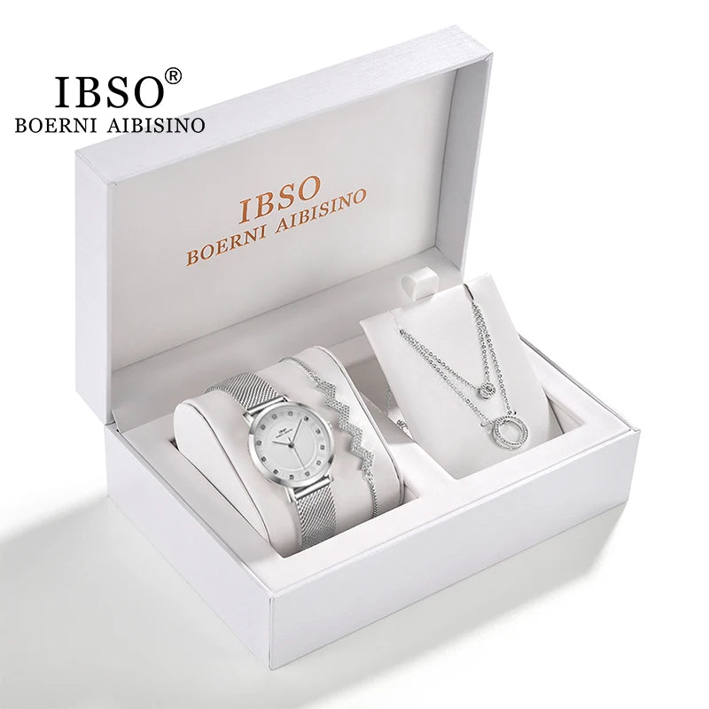 IBSO Women Watch Gift Set Crystal Design Bracelet Necklace Watch Sets Female Jewelry Set Fashion Silver Set Watch Lady's Gift