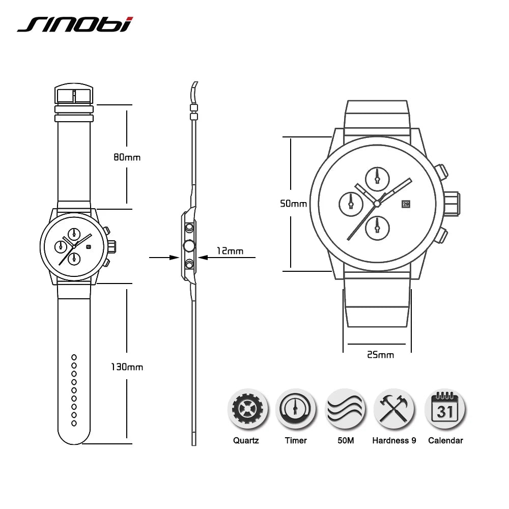 SINOBI Mens Sports Chronograph Silicone Watch Waterproof Top Brand Men's Watches Fashion Casual Quartz Relogio Masculino saat