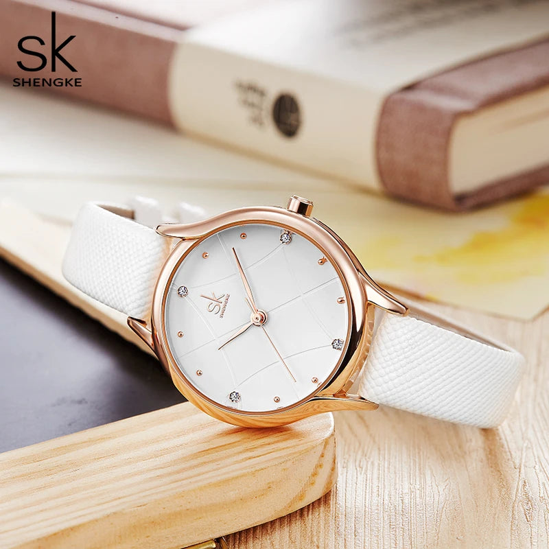 Shengke Women's Watches Fashion Leather Wrist Watch Plaid Ladies Watch White Clock Reloj Mujer Bayan Kol Saati Montre Feminino