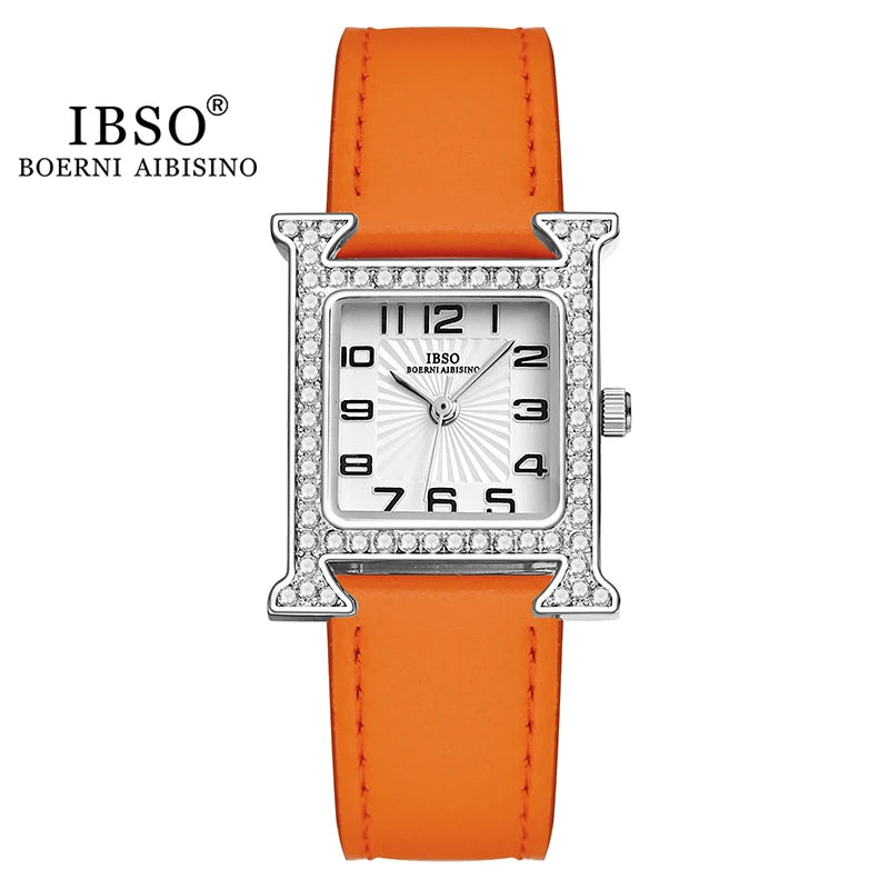IBSO 2026 New Luxury Women Rectangle Watches Japanese Quartz Movement Ultra-Thin 3ATM Waterproof Full Diamond Genuine Leather