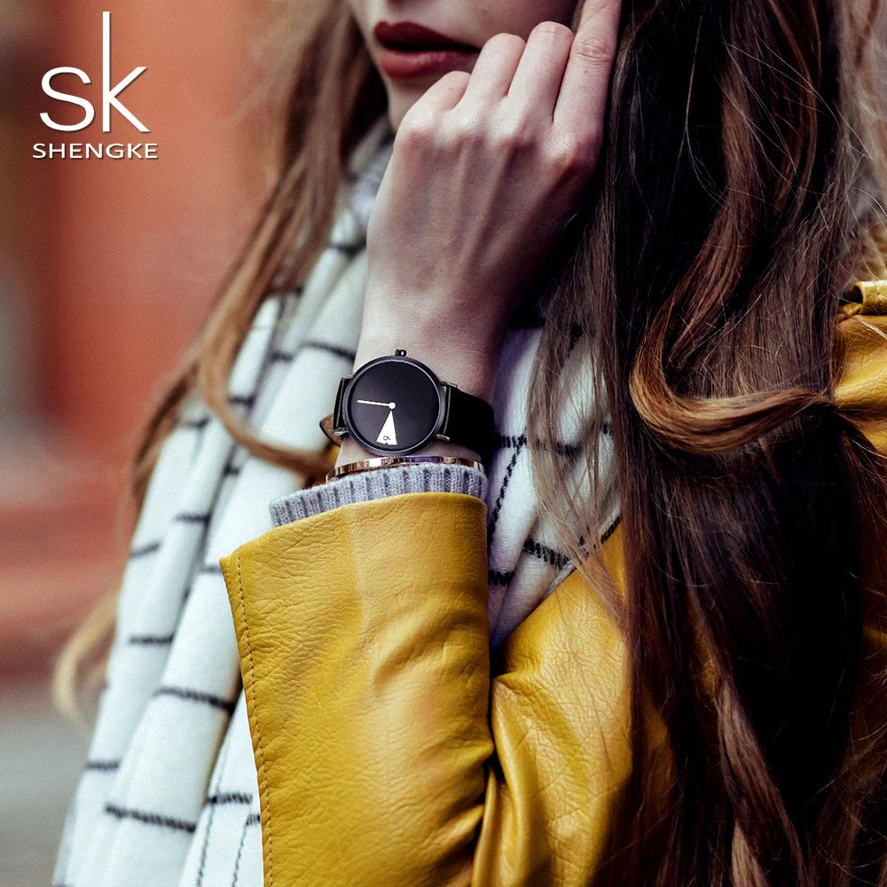 Shengke Hot Women Watch Creative Wristwatch Ladies Watch Rotate Yellow Leather Band Wristwatches Clock Montres Femme Reloj Mujer