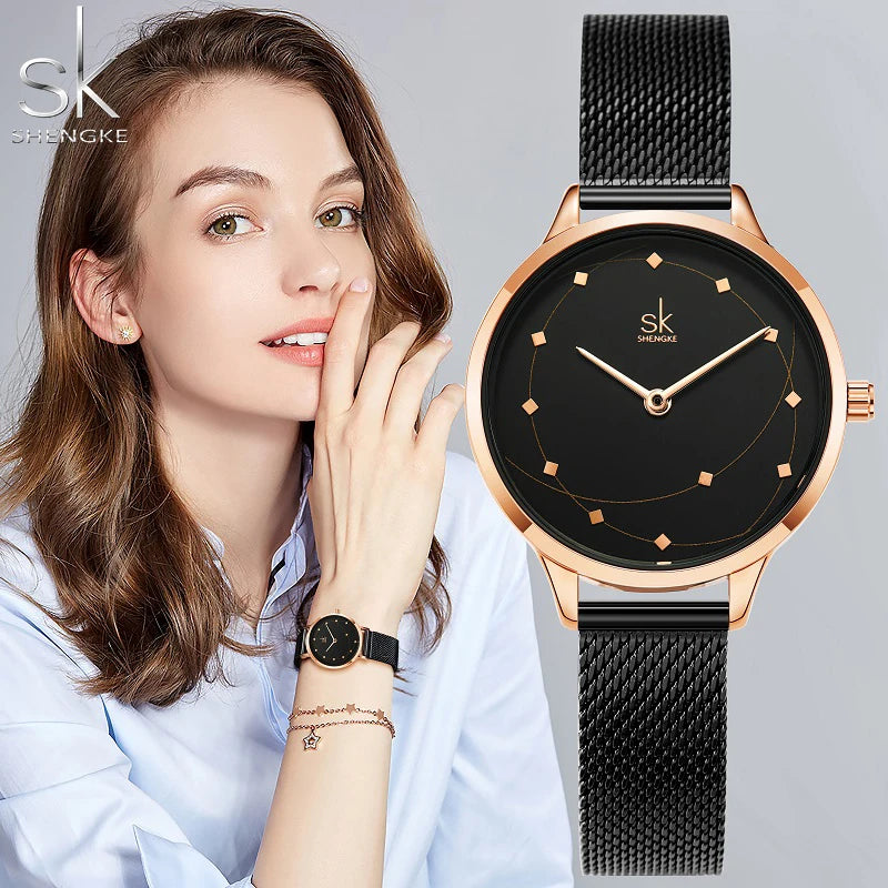Shengke New Arrival Women Watch Black Quartz Wirstwatches Milan Meshband Ladies Watches Montre Femme Gifts Clock Reloj Mujer