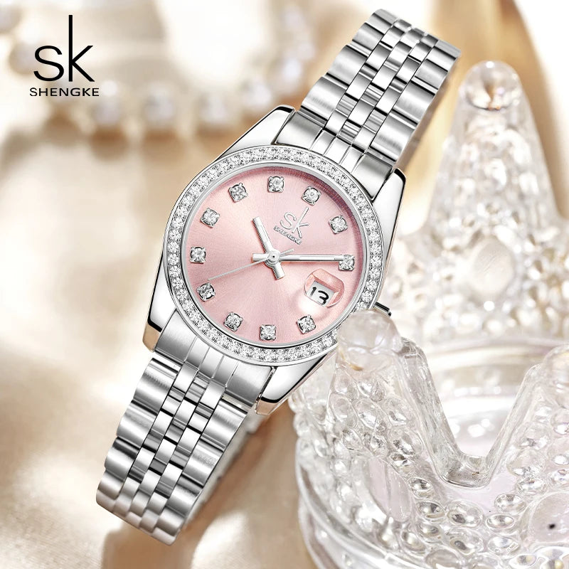 Shengke New Luxury Ladies Wristwatches Fashion Diamond Women's Quartz Watches Top Brand Woman's Gifts Clock Calendar Stainless S