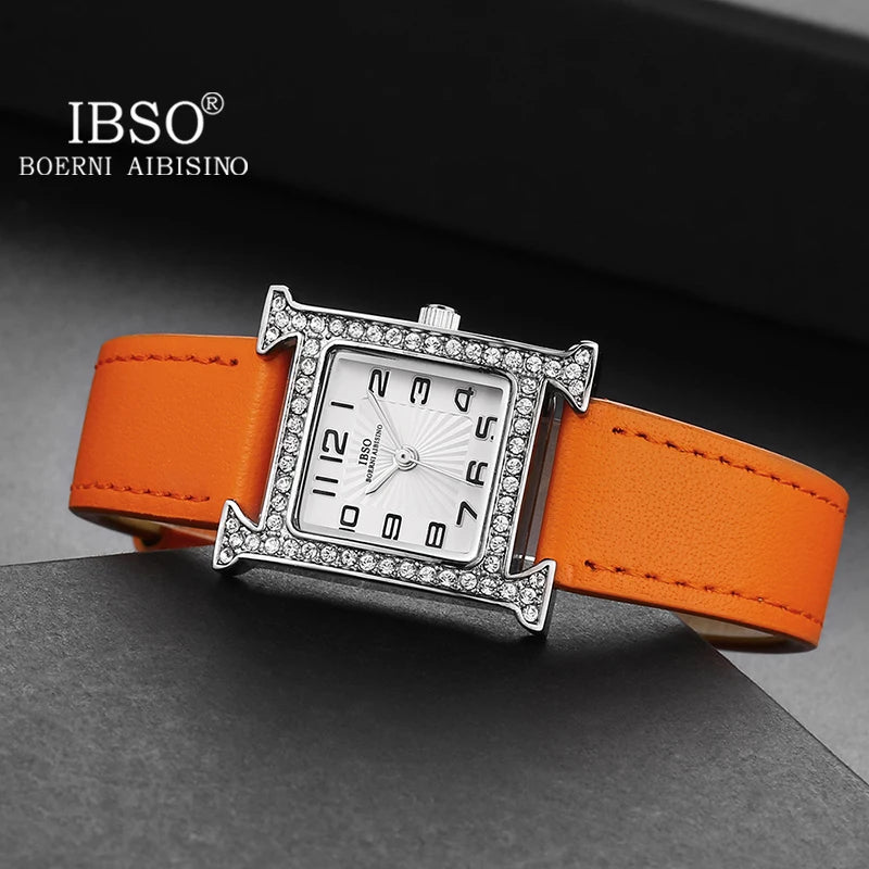 IBSO 2026 New Luxury Women Rectangle Watches Japanese Quartz Movement Ultra-Thin 3ATM Waterproof Full Diamond Genuine Leather