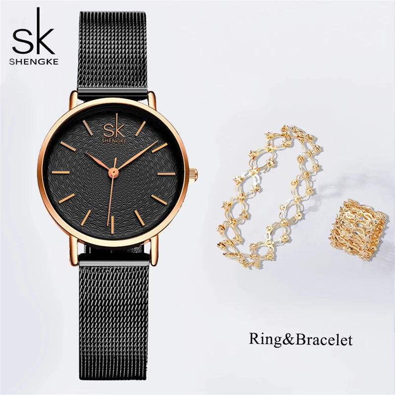 Shengke Elegant Women's Watches 2 In 1 Magic Retractable Ring Bracelet Set Top Sales Brand Ladies Quartz Wristwatches Best Gifts