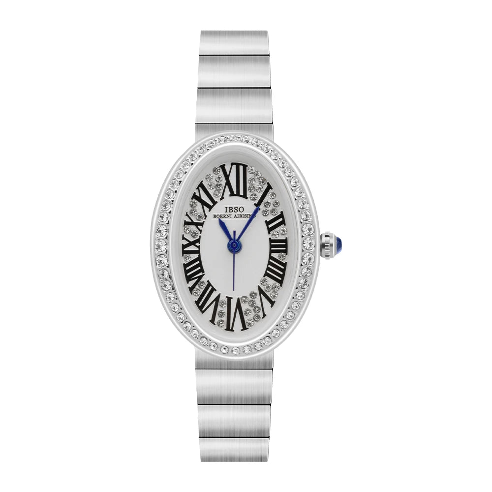 IBSO New Oval Dial Zircon Luxury Women Quartz Watches Simple Stainless Steel Strap 3ATM Waterproof Watch Ladies Free Shipping