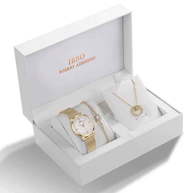 IBSO 2026 Women's Quartz Watch Set Crystal Bracelet Necklace Watch Sets Female Jewelry Set Silver Set Watch Valentine's Day Gift