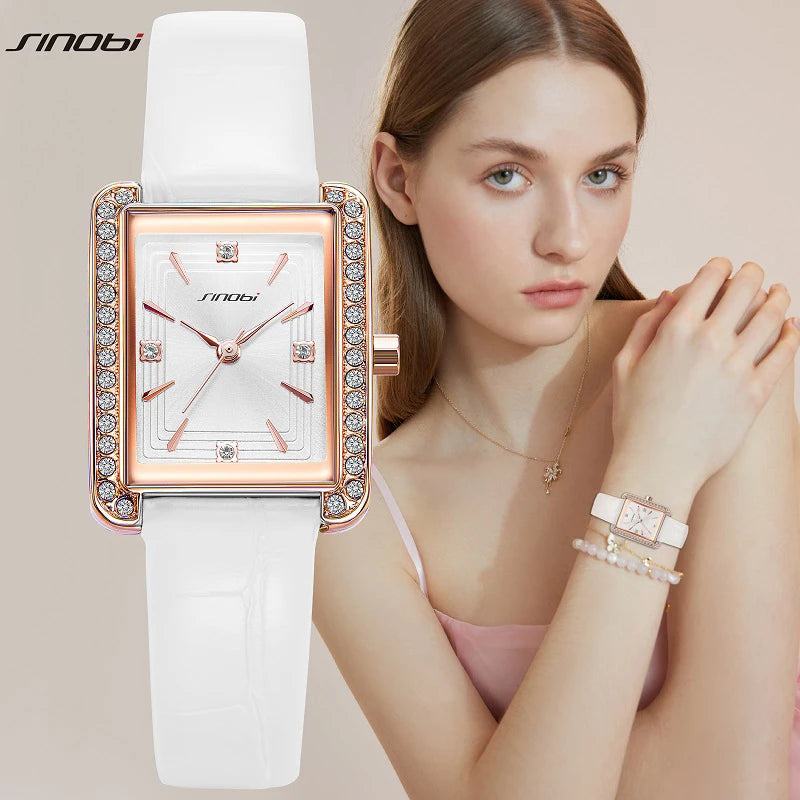 Sinobi New Elengant Women Watches Fashion Luxury Leather Strap Rectangle Dial Japanese Quartz Movement Wristwatch Ladies Watch