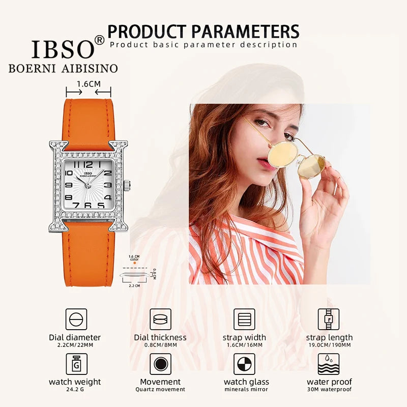 IBSO 2026 New Luxury Women Rectangle Watches Japanese Quartz Movement Ultra-Thin 3ATM Waterproof Full Diamond Genuine Leather