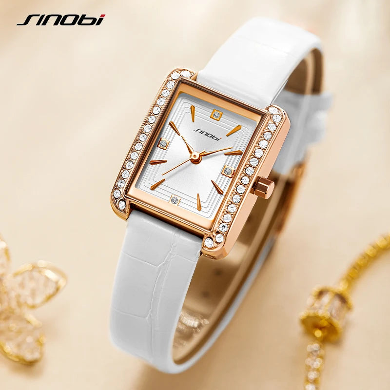 Sinobi New Elengant Women Watches Fashion Luxury Leather Strap Rectangle Dial Japanese Quartz Movement Wristwatch Ladies Watch