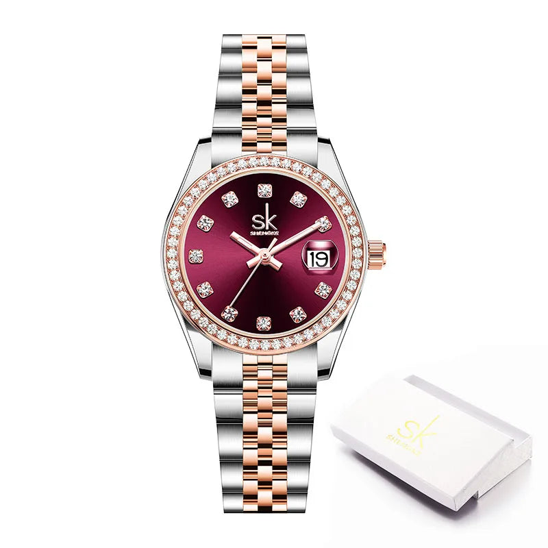 Shengke New Luxury Ladies Wristwatches Fashion Diamond Women's Quartz Watches Top Brand Woman's Gifts Clock Calendar Stainless S