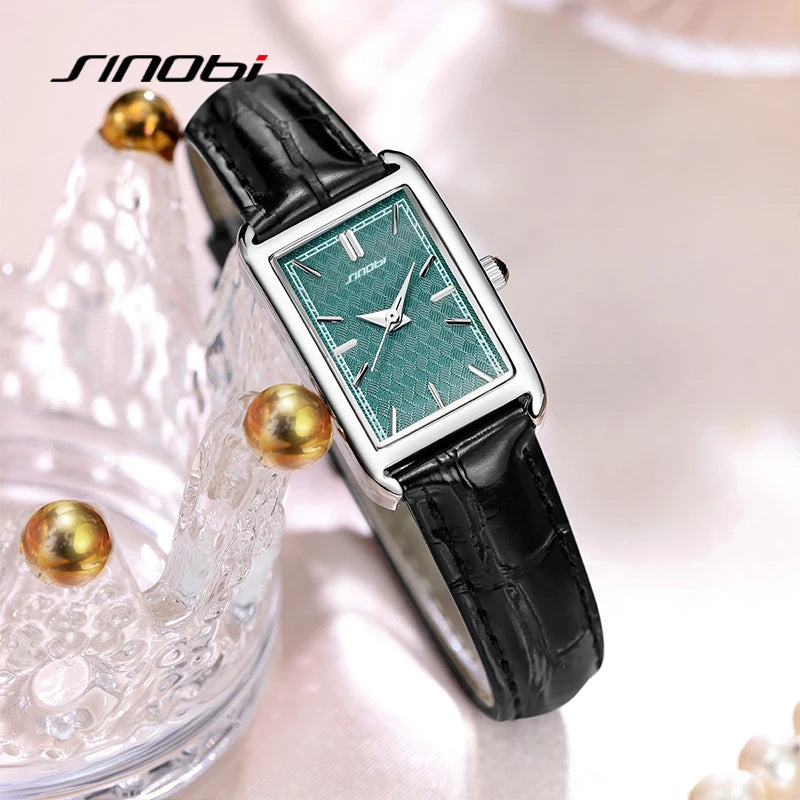 SINOBI Fashion Ladies Leather Strap Watch Women's Watches Elegant Rectangle Womans Quartz Wristwatches Female Clock Montre Femme