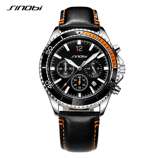 Sinobi original new design men's quartz wristwatches chronograph man leather strap watches luminous hands males clock relojio