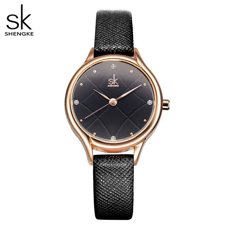 Shengke Women's Watches Fashion Leather Wrist Watch Plaid Ladies Watch White Clock Reloj Mujer Bayan Kol Saati Montre Feminino