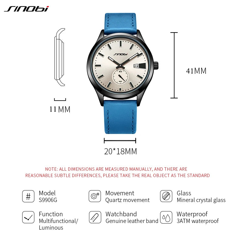 SINOBI Fashion Design Men's Watches Original Leather Strap Man's Quartz Wristwatches Best Gifts Clock for Male Relogio Masculino