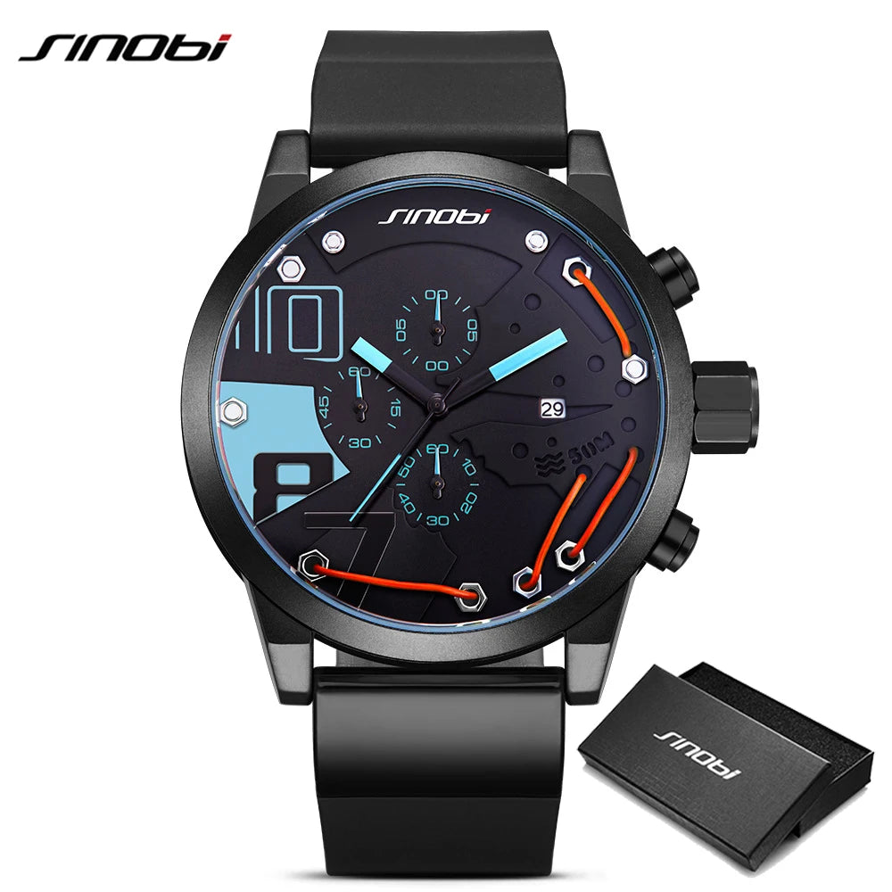 SINOBI Mens Sports Chronograph Silicone Watch Waterproof Top Brand Men's Watches Fashion Casual Quartz Relogio Masculino saat