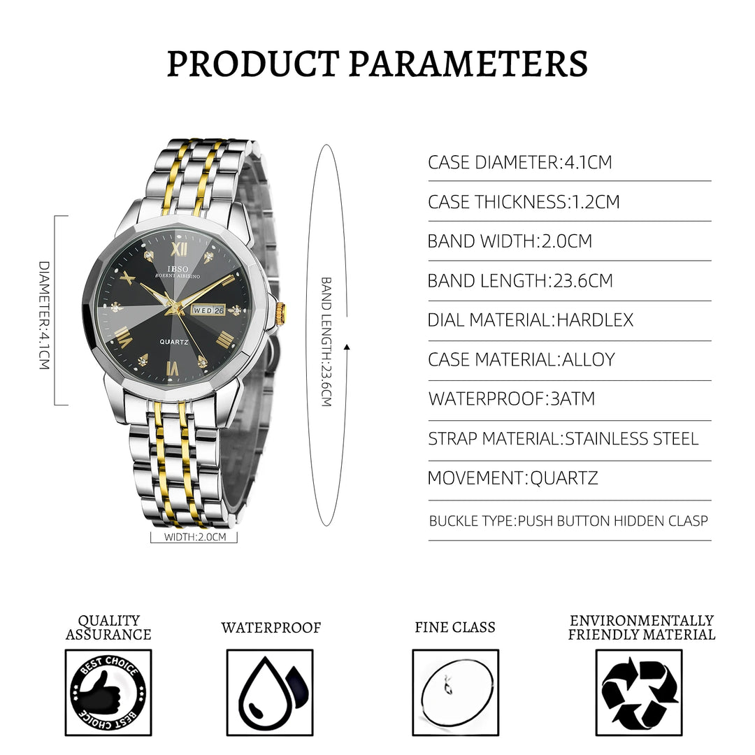 IBSO 2026 New Men Calendar Quartz Watch Japanese Movement 3ATM Waterproof Luminous Hands Luxury Stainless Steel Strap S1119G