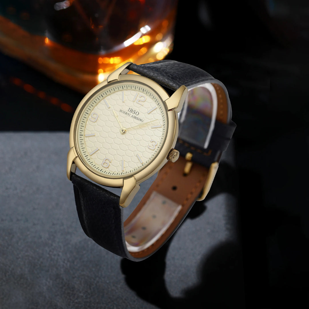 IBSO New Men Quartz Watches 2026 New Style Genuine Leather Strap 3ATM Waterproof 2Hands Stainless Steel Back Case