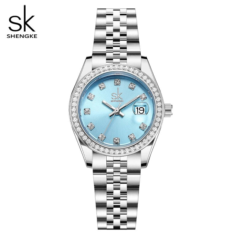 Shengke New Luxury Ladies Wristwatches Fashion Diamond Women's Quartz Watches Top Brand Woman's Gifts Clock Calendar Stainless S