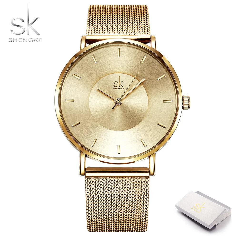 Shengke Fashion Black Watch For Women Classic Relogio Feminino Ultra Thin Quartz Watch Woman Adjustable Mesh Strap Montre Femme