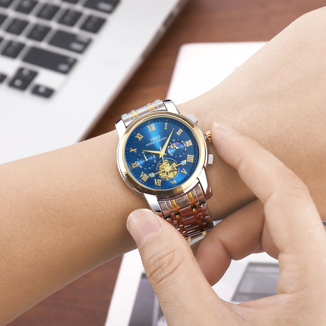 IBSO New 2026 Luxury Quartz Watch Multifunctional Watch 3ATM Waterproof Stop Calendar Solid Stainless Steel Strap Moon Phase