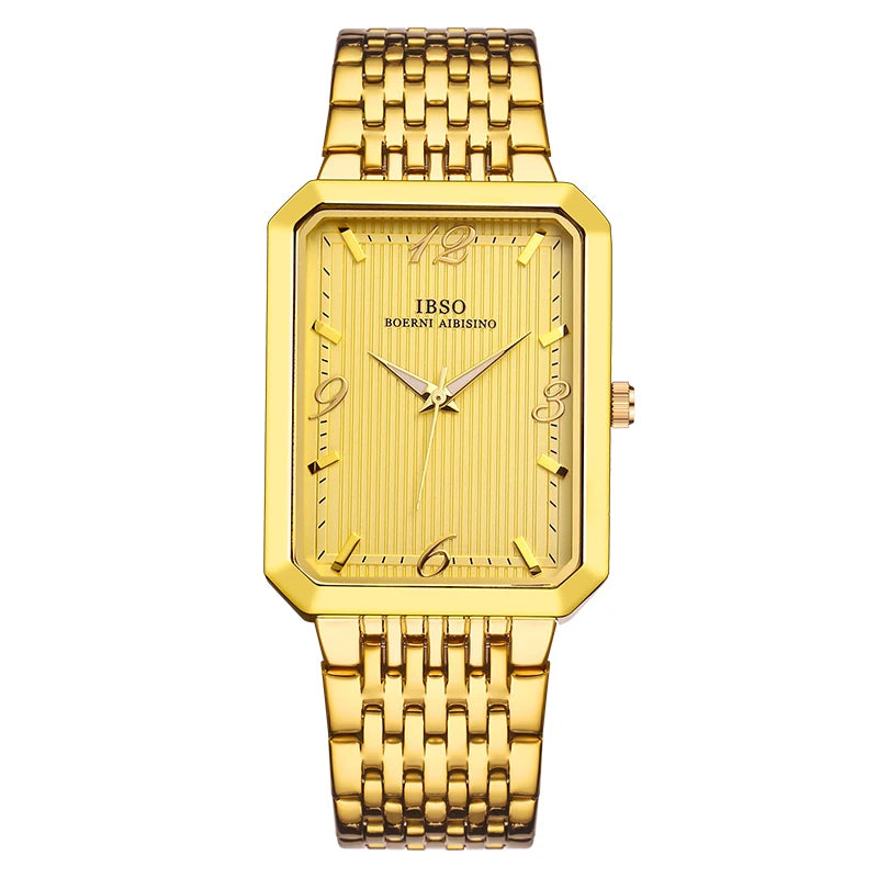 IBSO Ultra-Thin Men Quartz Watch Luxury Style Rectangle Dial Stainless Steel Strap Waterproof 3ATM Wristwatch Relogio Masculino