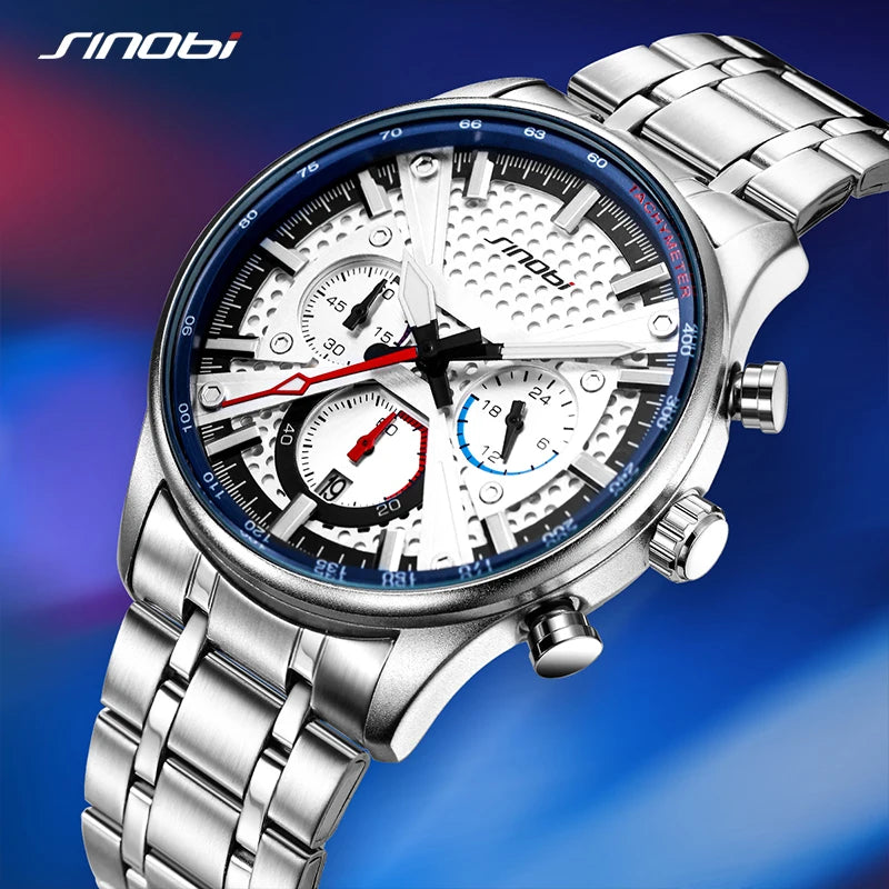 SINOBI New Arrival Fashion Mens Watches Chronograph Calender Casual Man's Quartz Wristwatches Luminous Hand Male Stainless Clock
