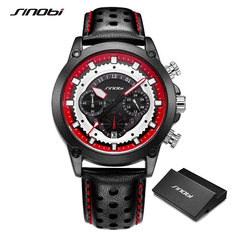 SINOBI New Fashion Sports Mens Watches Stainless Steel Chronograph Man Quartz Wristwatches Luminous hands Male's Calender Clock
