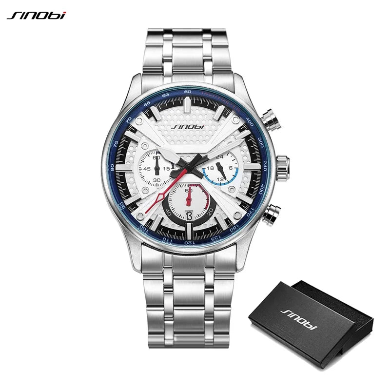 SINOBI New Arrival Fashion Mens Watches Chronograph Calender Casual Man's Quartz Wristwatches Luminous Hand Male Stainless Clock