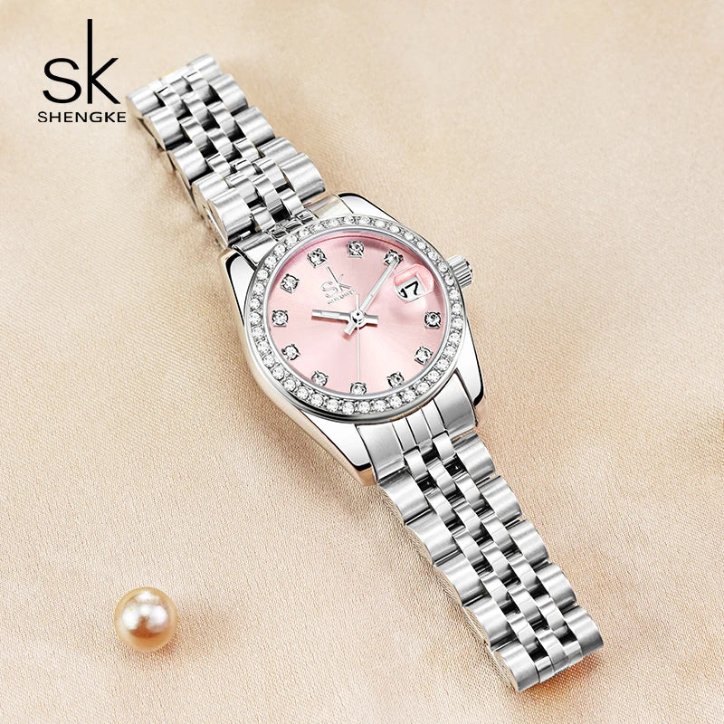 Shengke New Luxury Ladies Wristwatches Fashion Diamond Women's Quartz Watches Top Brand Woman's Gifts Clock Calendar Stainless S