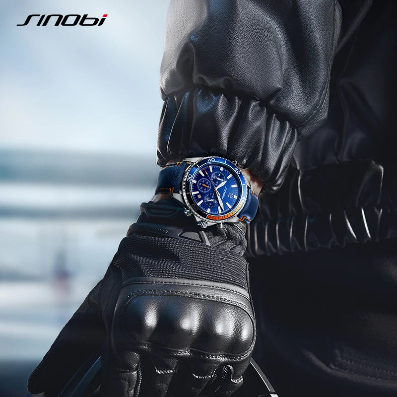 Sinobi Original New Design Men's Quartz Wristwatches Chronograph Man Leather Strap Watches Luminous Hands Males Clock Relojio