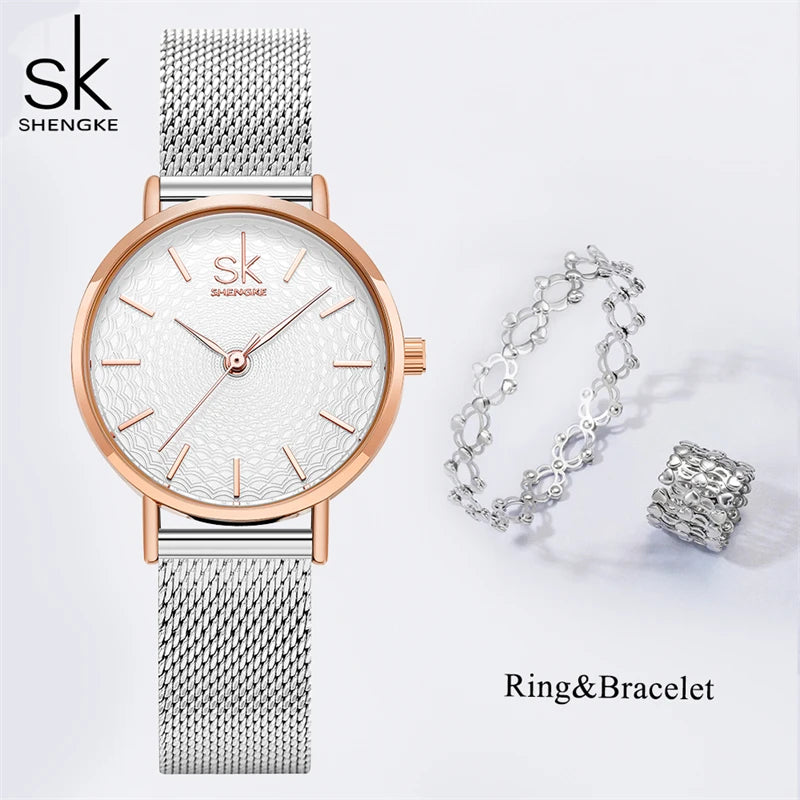 Shengke Elegant Women's Watches 2 In 1 Magic Retractable Ring Bracelet Set Top Sales Brand Ladies Quartz Wristwatches Best Gifts