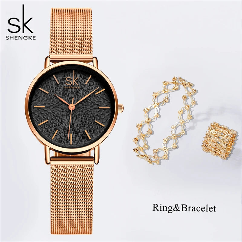 Shengke Elegant Women's Watches 2 In 1 Magic Retractable Ring Bracelet Set Top Sales Brand Ladies Quartz Wristwatches Best Gifts
