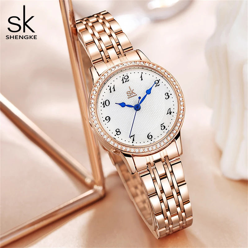 Top Brand Shengke Women's Watch Stainless Steel Rose Gold Simple Waterproof Luminous Ladies Watches Luxury Quartz Elegant Clock