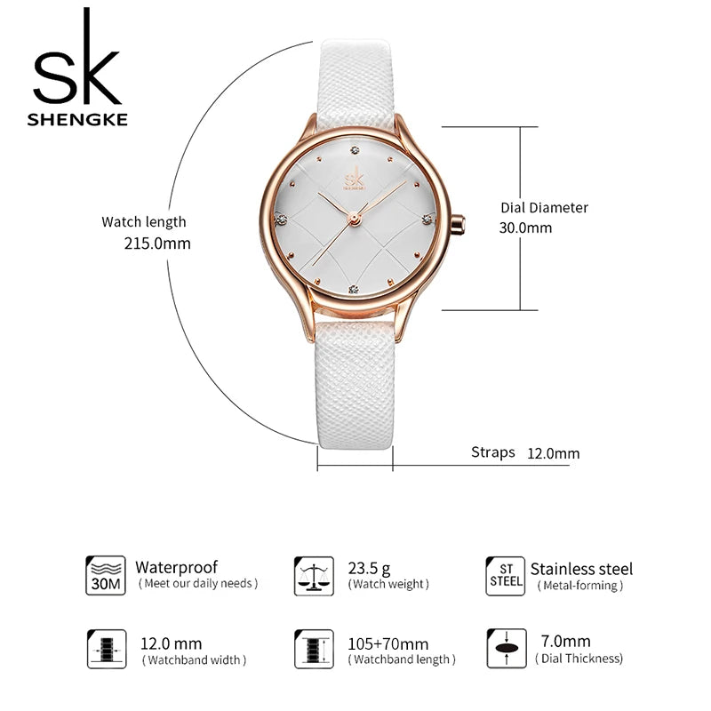 Shengke Women's Watches Fashion Leather Wrist Watch Plaid Ladies Watch White Clock Reloj Mujer Bayan Kol Saati Montre Feminino