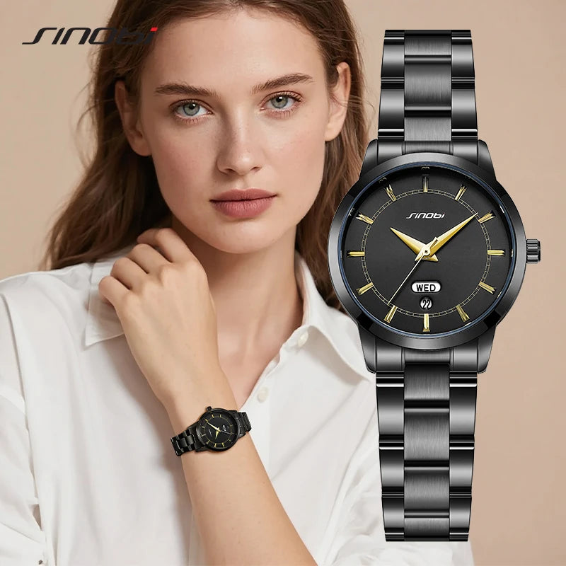 SINOBI Ladies Stainless Steel Watches Fashion Design Women's Quartz Wristwatches Elegant Female Business Clock