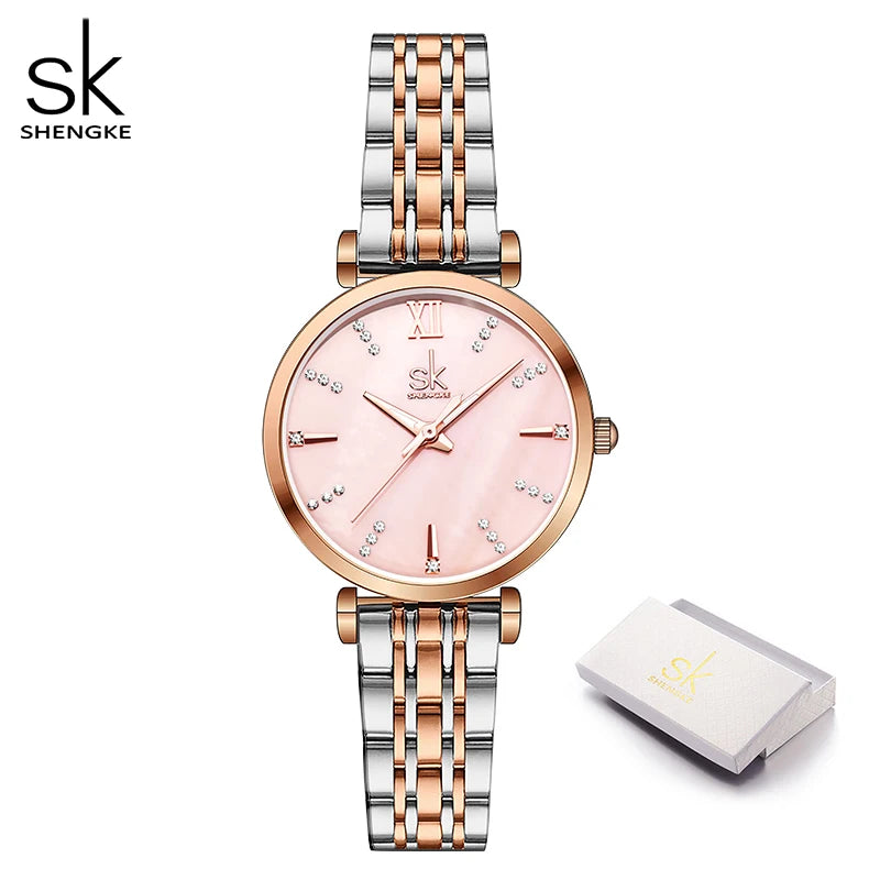 Shengke Top Brand Woman Watch Rose Golden Classical Wristwatch Gift for Women SK Original Design Quartz Watch Relógios Femininos