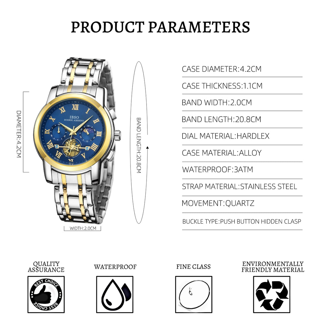 IBSO New 2026 Luxury Quartz Watch Multifunctional Watch 3ATM Waterproof Stop Calendar Solid Stainless Steel Strap Moon Phase