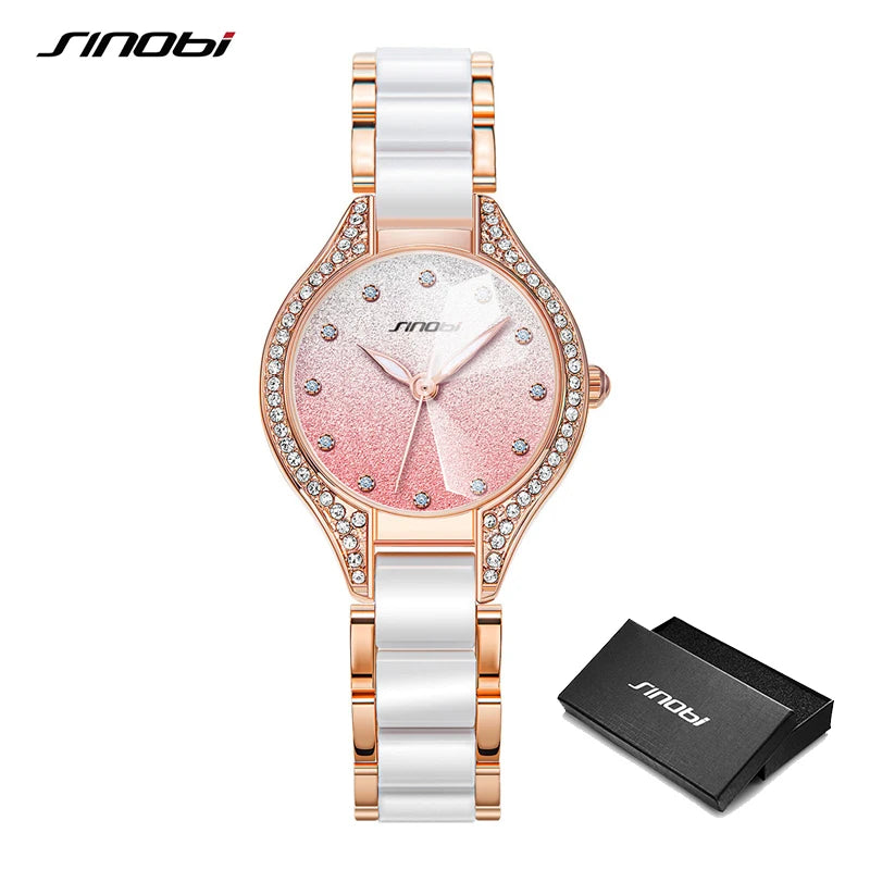 SINOBI Women Watches Rhinstone Rose Gold Dial White Strap Montres Femme Japanese Quartz Movement Luxury Clock Relogio Feminino