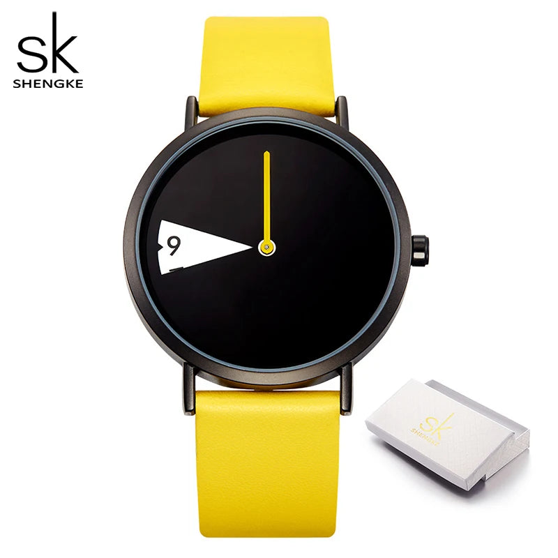 Shengke Top Women Watch Creative Wristwatch Ladies Watch Rotate Yellow Leather Band Wristwatches Clock Montres Femme Reloj Mujer