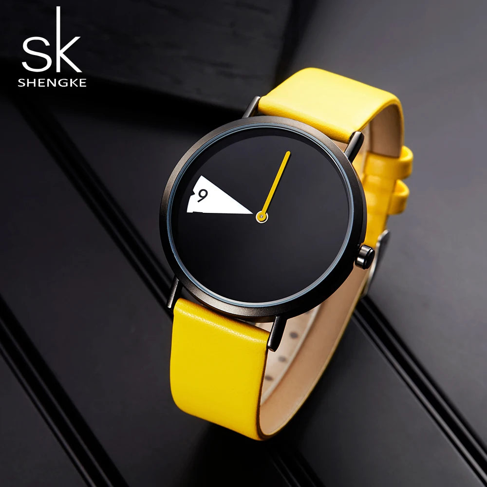 Shengke Top Women Watch Creative Wristwatch Ladies Watch Rotate Yellow Leather Band Wristwatches Clock Montres Femme Reloj Mujer