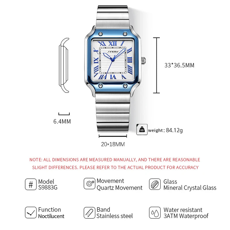SINOBI Casual Design Men's Quartz Watches Fashion Stainless Steel Man's Wristwatches Business Square Male Relogio Masculino