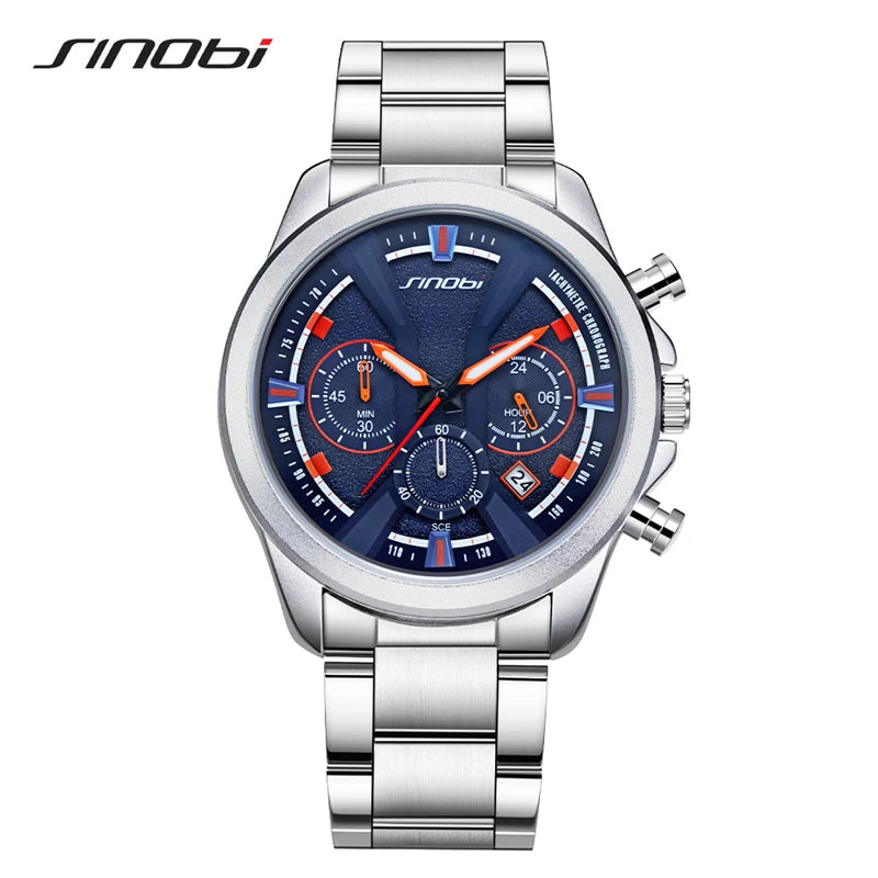SINOBI Brand Men's Watches New Styles Chronograph Man's Quartz Wrist Watches Fashion Stainless Steel Best Gifts Calendar Clock