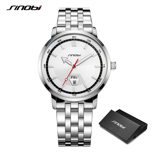 Sinobi top brand men's quartz watches fashion design man's wristwatches calendar weekly display top luxury gifts clock stainless