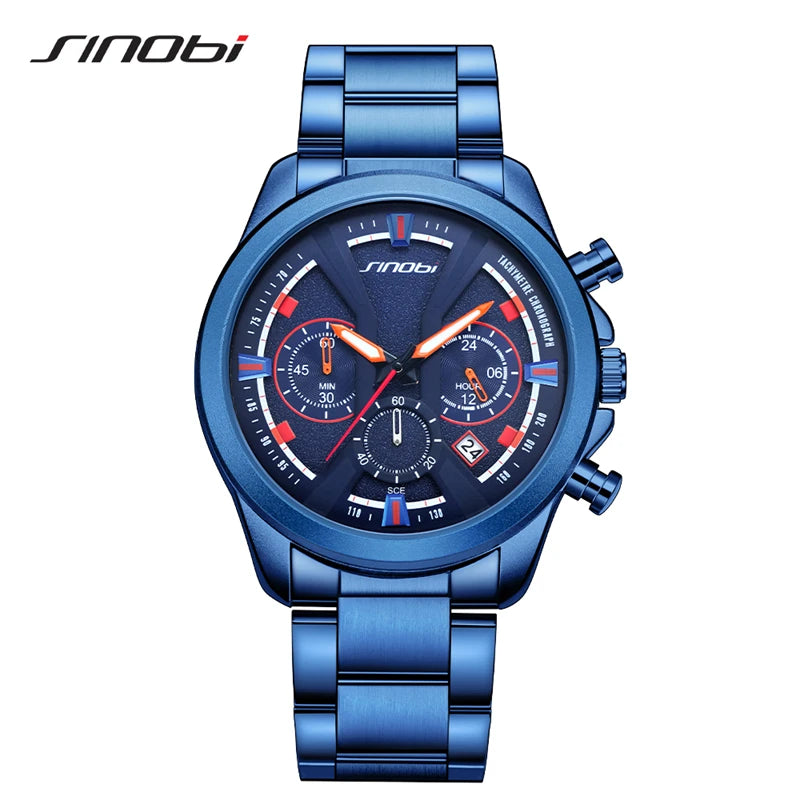 SINOBI Brand Men's Watches New Styles Chronograph Man's Quartz Wrist Watches Fashion Stainless Steel Best Gifts Calendar Clock