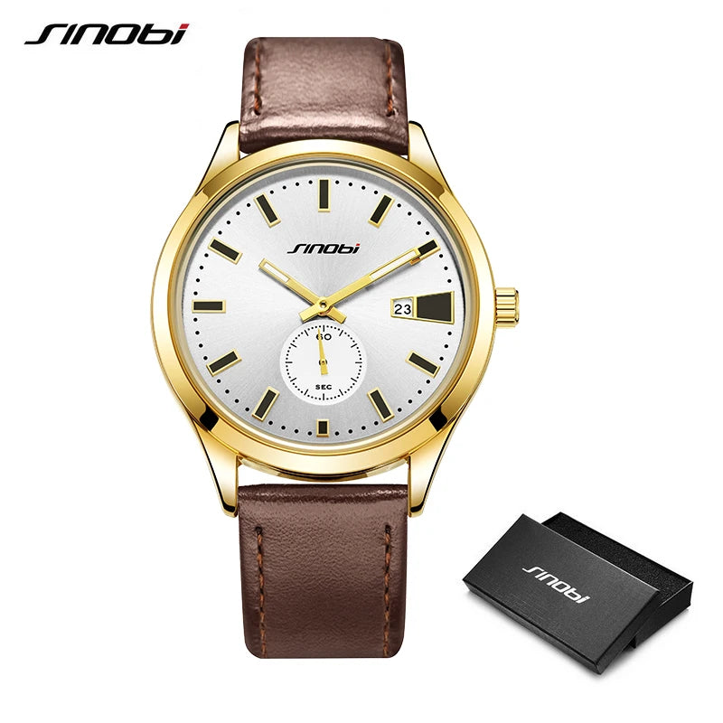 SINOBI Fashion Design Men's Watches Original Leather Strap Man's Quartz Wristwatches Best Gifts Clock for Male Relogio Masculino