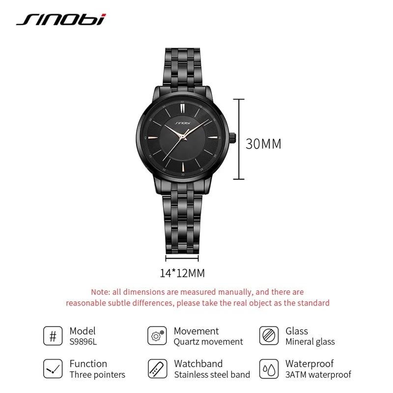 SINOBI Fashion Women's Watches Casual Stainless Steel Woman Quartz Wristwatches Elegant Dresses Best Clock for Female Waterproof