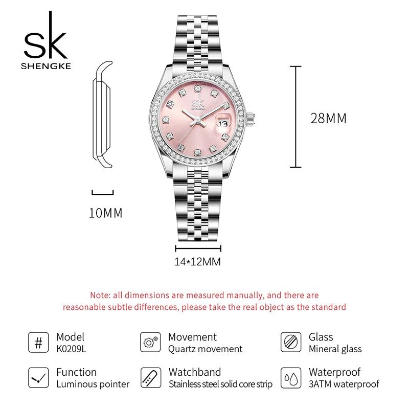 Shengke New Luxury Ladies Wristwatches Fashion Diamond Women's Quartz Watches Top Brand Woman's Gifts Clock Calendar Stainless S