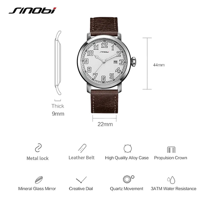 Sinobi Genuine Leather Watch Men's Watch Fashion Simple Japan Imported Movement Sports Military Watches Male Wristwatches reloj